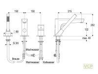 Wannenrand-Einhebelmischer Serie alpha_400 mit Wanneneinlauf 215 mm, automatischer Umstellung, Stabhandbrause mit Antikalk, Brauseschlauch 2000 mm, in chrom